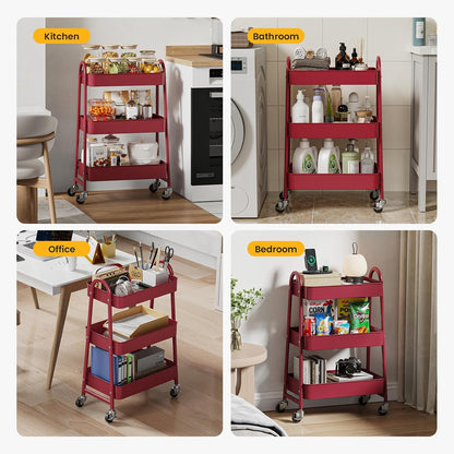 DUMOS 3 Tiers Rolling Cart, Utility Cart, Metal, White | Mobile Storage, Lockable Wheels, Utility Shelving Unit, Kitchen, Bathroom, Laundry, Narrow Places