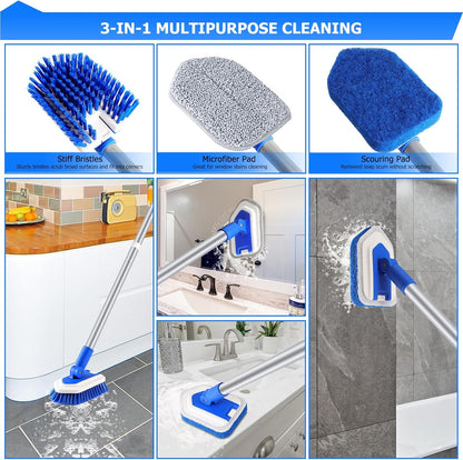 Lalafancy Bathtub Cleaning Brush Long Handle, Shower Bathroom Brush Scrubber with 3 Different Function Scrub Brush Attachments Head for Scrubing Bathroom Floors, Tubs, Tiles, and Kitchen Walls