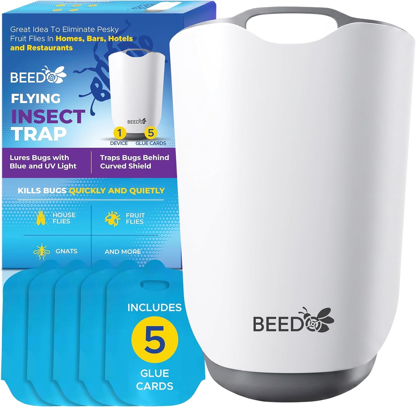 Beedo Gnat Fruit Fly Flying Insect Trap Starter Kit, Indoor Bug Catcher Plug in Device for House, Mosquito, Drain Flies Killer, Blue and UV Light Combo, Zapper Alternative, 1 Device with 5 Glue Insert