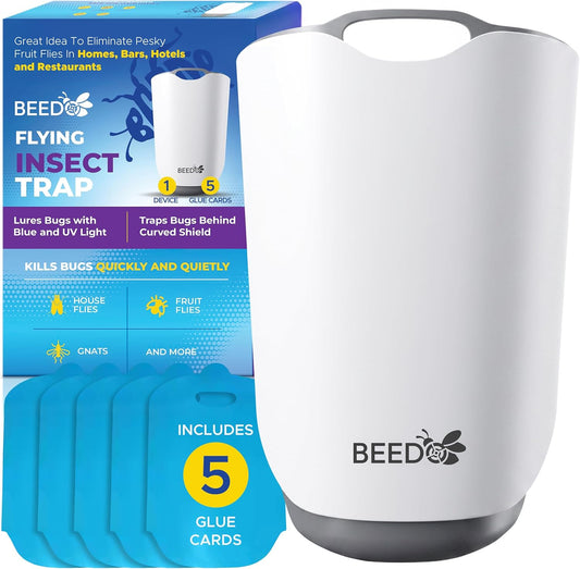 Beedo Gnat Fruit Fly Flying Insect Trap Starter Kit, Indoor Bug Catcher Plug in Device for House, Mosquito, Drain Flies Killer, Blue and UV Light Combo, Zapper Alternative, 1 Device with 5 Glue Insert