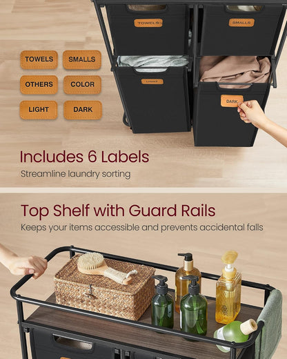 VASAGLE Laundry Sorter, Laundry Hamper with Wheels, 39.6 Gal. (150 L) Portable Rolling Cart Baskets with Shelf, 3 Removable Liners and 6 Labels, Ink Black and Chestnut Brown UBLH103BH01