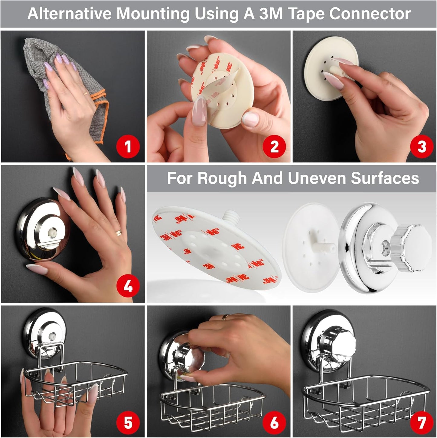 HASKO Suction Cup Soap Dish for Shower Wall, Rustproof Stainless Steel Shower Soap Holder for Bathroom with Hooks and Soap Saver, Includes Optional No Drill Adhesive Mount, Silver