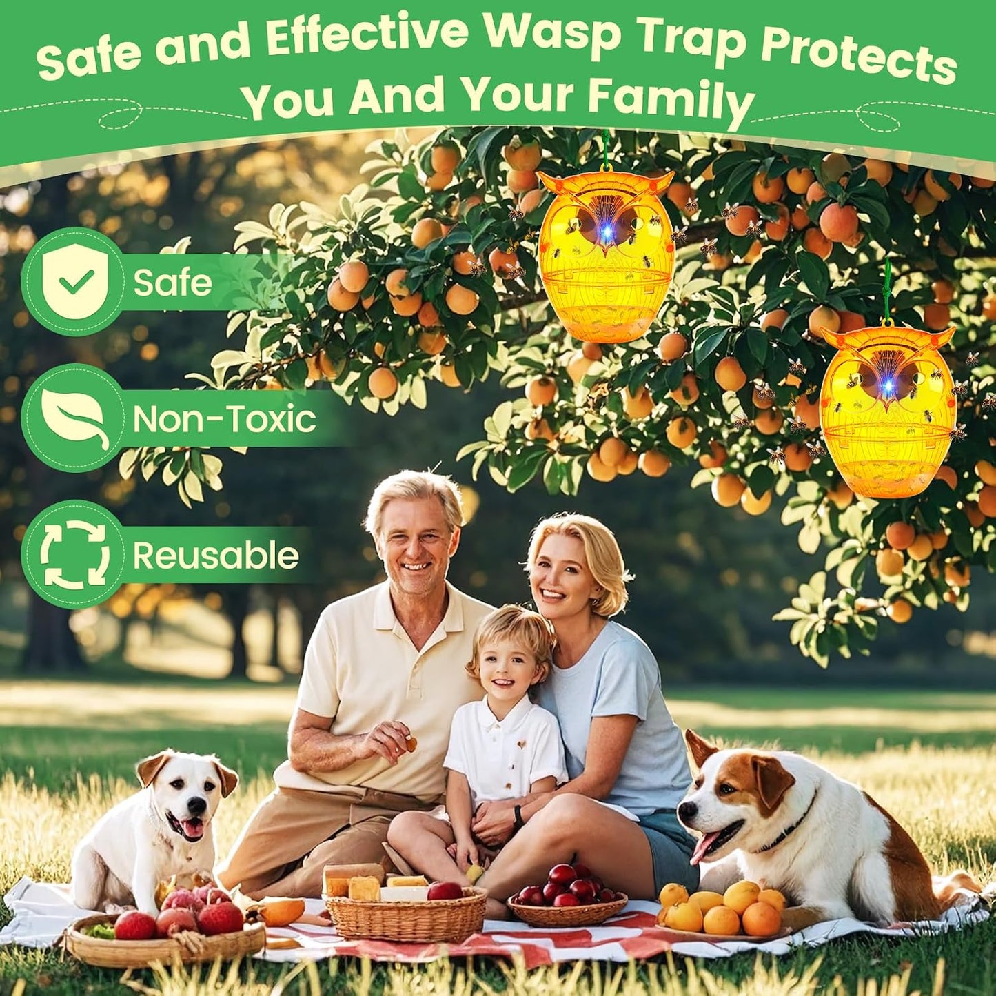 Solar Wasp Trap, Owl-Shaped Outdoor Hanging Bee Catcher with Solar LED Light, Non-Toxic Reusable Trap for Wasps, Hornets & Yellow Jackets, 2 Pack - Orange, Ideal for Gardens & Yards