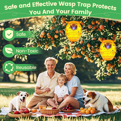 Solar Wasp Trap, Owl-Shaped Outdoor Hanging Bee Catcher with Solar LED Light, Non-Toxic Reusable Trap for Wasps, Hornets & Yellow Jackets, 2 Pack - Orange, Ideal for Gardens & Yards