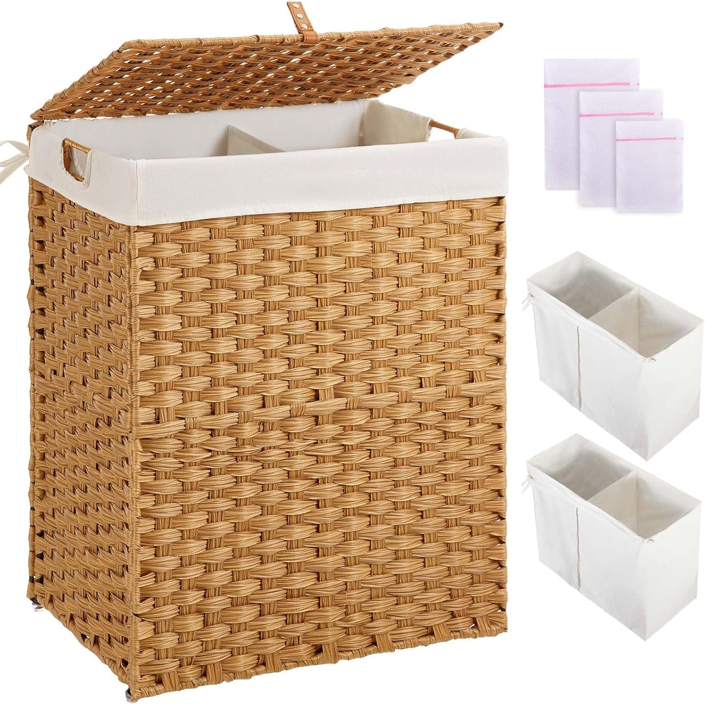 Greenstell Laundry Hamper with 2 Removable Liner Bags, Foldable Divided Clothes Hamper, 90L Handwoven Rattan Laundry Basket with Lid and Handles, No Assembly Needed, 18.3x13.3x24 Inches, Black