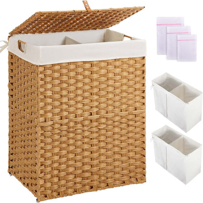 Greenstell Laundry Hamper with 2 Removable Liner Bags, Foldable Divided Clothes Hamper, 90L Handwoven Rattan Laundry Basket with Lid and Handles, No Assembly Needed, 18.3x13.3x24 Inches, Black