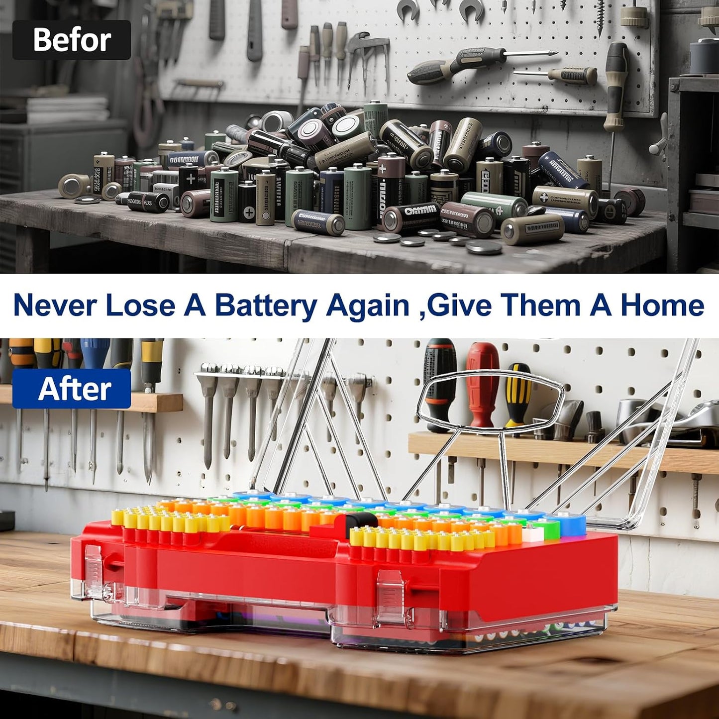 Battery Organizer Storage Holder Box Case with Tester, New Ultra-Large 285+Batteries Double-Sided Variety Pack, Holds AA AAA 4A C D Button Cell 9V 3V Lithium18650 CR2 CR123 CR1632 LR44 (Red)