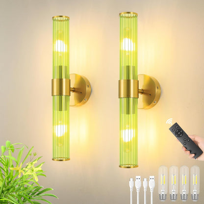 Morauroral Gold Battery Operated Wall Sconces Set of Two, Rechargeable Wall Sconce with Dimmable Remote Control, 20 Inch Wireless Sconce Wall Light for Bedroom, Living Room (Bulbs Included)