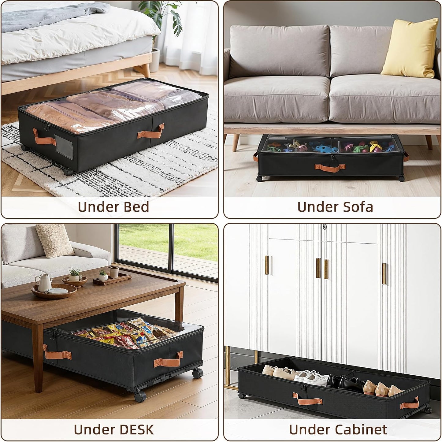 VECELO Under Bed Storage with Wheels, 2 Pack Fully Enclosed Zippered Dust Cover Bins with Clear Lids, Metal Frame and Ultra Thick Fabric Underbed Storage Organizer, Shoe Storage Box, Black