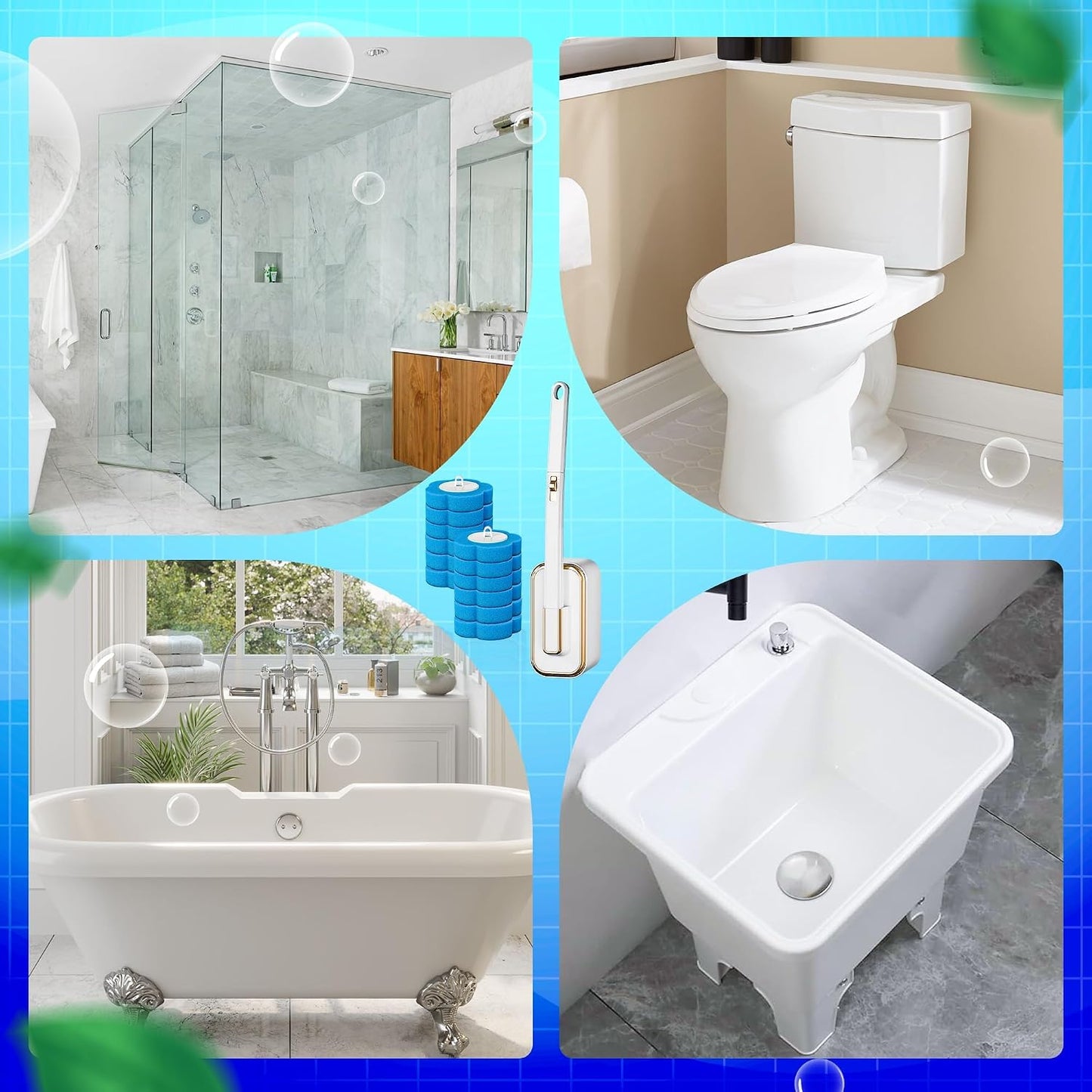 Disposable Toilet Cleaning Brush - Toilet Bowl Cleaner Wand and Holder Set with 60 Refills, Wall Mounted Clean Stick Brush Heads Kit with Handle for Bathroom Bathtub Cleaning System