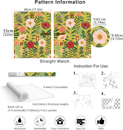 HAOKHOME Floral Peel and Stick Wallpaper Boho Vintage Wall Paper Removable for Bathroom Nursery Beige/Pink/Red Contact Paper 17.3in x 9.8ft