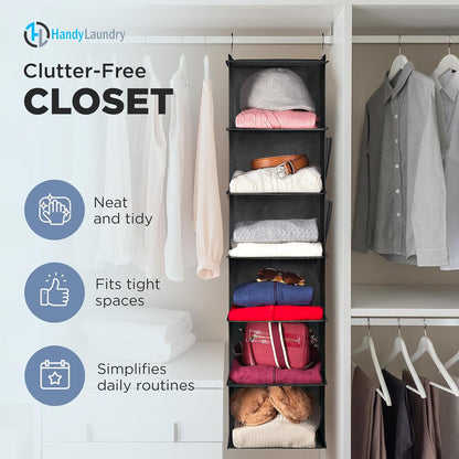 Handy Laundry Hanging Closet Organizer - 6 Shelf Storage for Clothes, Sweaters, Shoes & Accessories - Space-Saving Wardrobe Shelves with Hooks for Dorm, RV & Small Closet Organization (Beige)