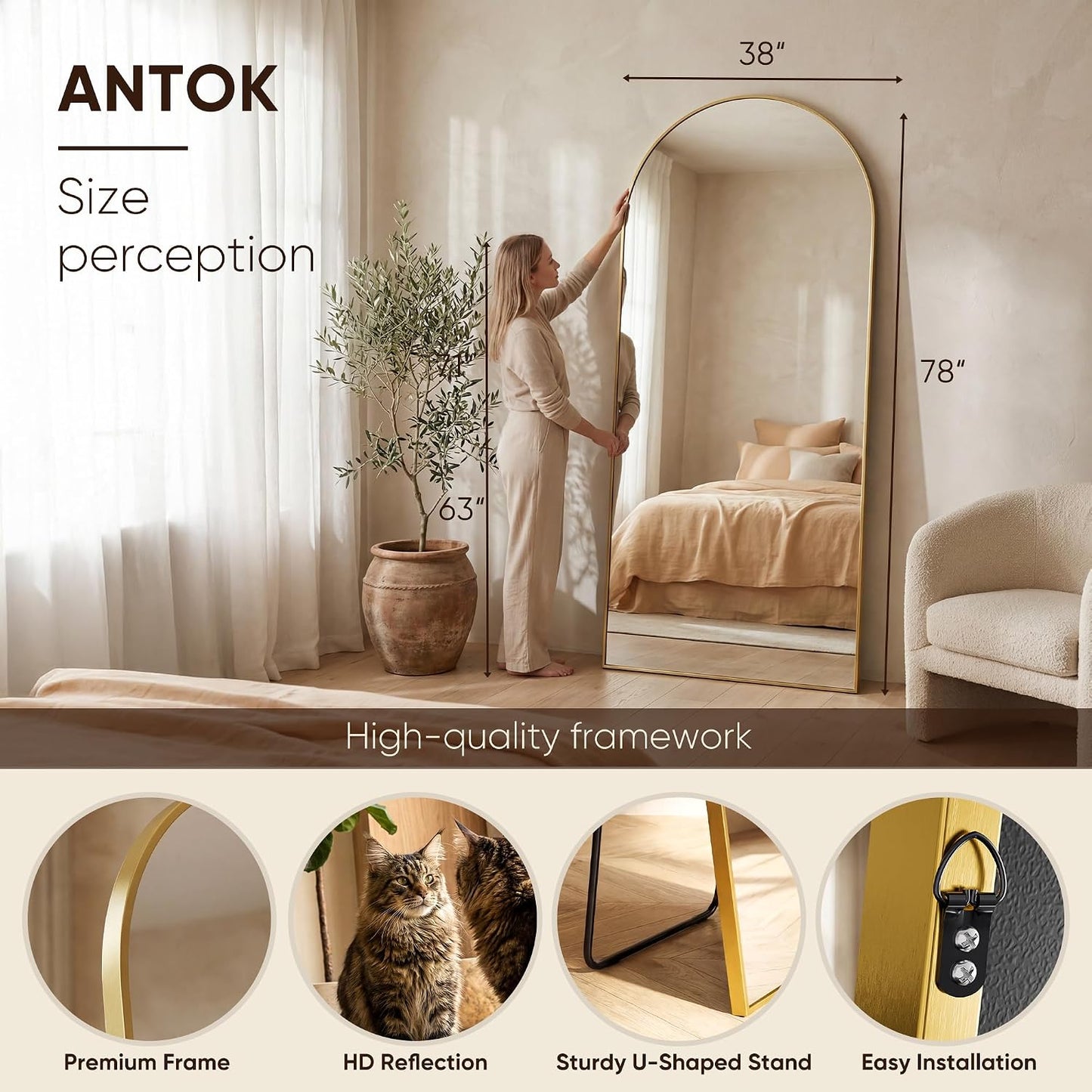 Antok 58" x19” Arched Full Length Floor Mirror, Gold Aluminum Frame, Free Standing/Wall Mount/Leaning for Bedroom, Living Room, Dressing Room