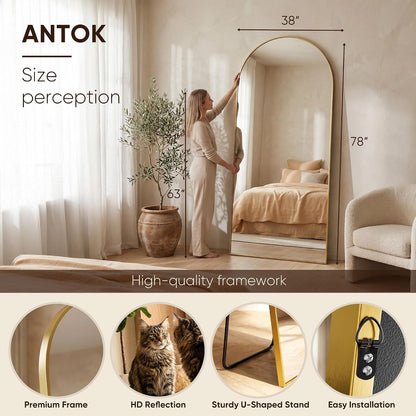 Antok 58" x19” Arched Full Length Floor Mirror, Gold Aluminum Frame, Free Standing/Wall Mount/Leaning for Bedroom, Living Room, Dressing Room