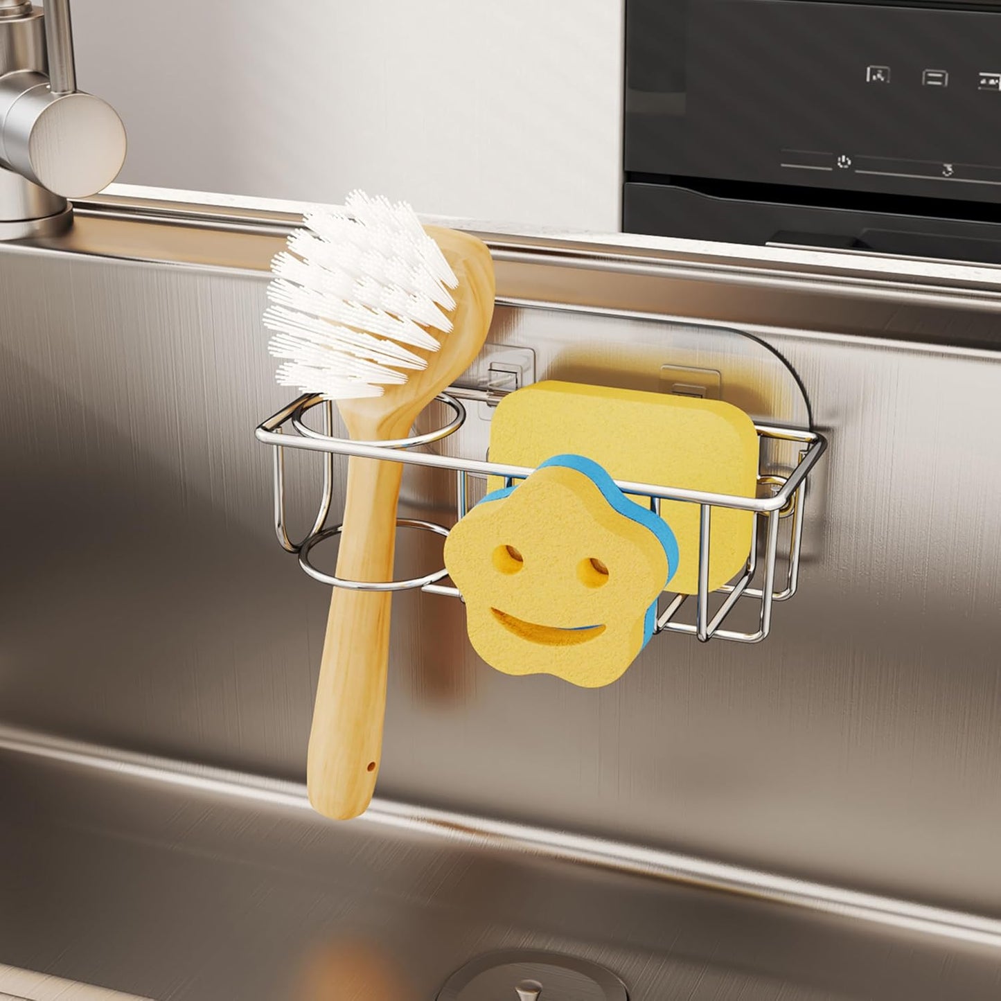 HapiRm 4 in 1 Sink Caddy Sponge Holder, SUS304 Stainless Steel Kitchen Brush Holder and Dish Cloth Hanger, Kitchen Organizers and Storage Essentials - Silver