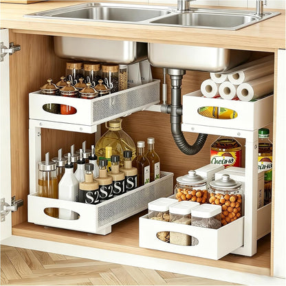 2 Pack Under Sink Organizer, 3-Tier Pull Out Kitchen Cabinet Organizer with 5 Adjustable Heights Metal Slide Out Bathroom Storage Makeup Drawer Rack for Bedroom Office Pantry Home Organization, White