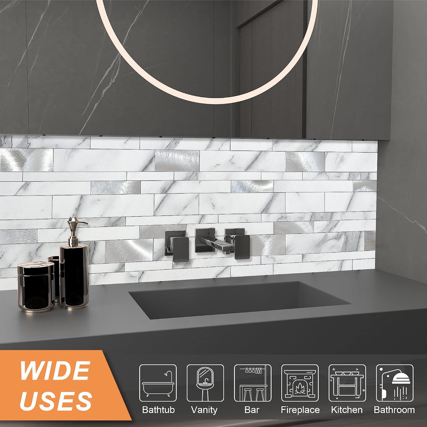 VAOVI Backsplash Tile Peel and Stick Kitchen Stone Subway Linear Mosaic Bathroom Shower Wall Waterproof(10pcs,Gray)