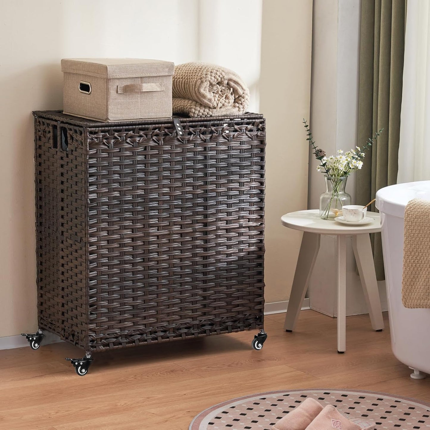 Laundry Hamper with Wheels&Lid, 50.2 Gallons(190L) Rolling Laundry Basket with Wheels, 3-Section Laundry Hamper, Handwoven Rattan Clothes Hamper with 6 Removable Liner& 3 Mesh Laundry Bags, Grey