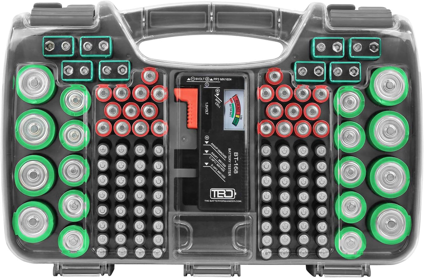 The Battery Organizer, Battery Storage Organizer Hinged Clear Cover with Locking Lid, Holds 180 Batteries, Includes a Removable Battery Tester, Holder for Garage Organization, Charcoal