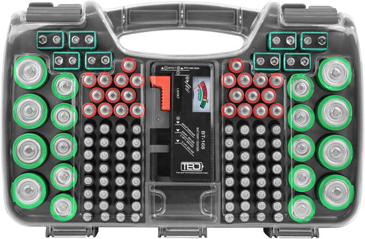 The Battery Organizer, Battery Storage Organizer Hinged Clear Cover with Locking Lid, Holds 180 Batteries, Includes a Removable Battery Tester, Holder for Garage Organization, Charcoal