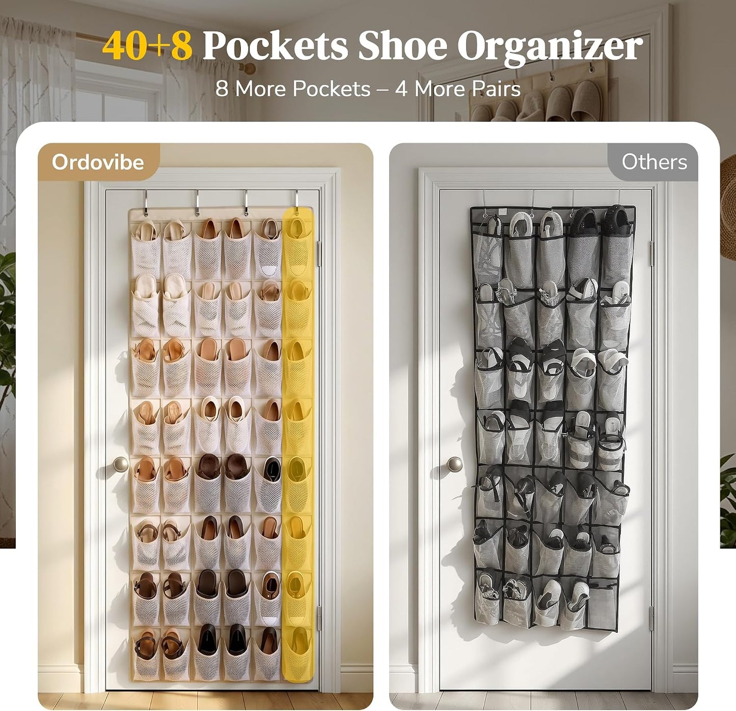 48 Pockets Over the Door Shoe Organizer, Large Mesh Hanging Shoe Rack, 6-Column Heavy Duty Shoe Storage for Sneakers and Heels, Behind Door Holder for Entryway Bedroom Dorm College, Black