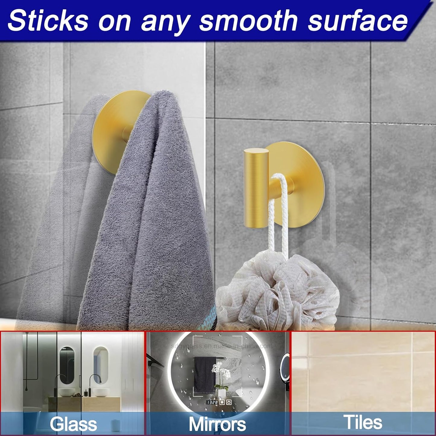 Bntuk Wall Towel Hooks, Adhesive Hooks for Coat Waterproof Shower Hooks, Sticky Hanger Hook for Hanging Coat, Clothes, Robe, Towel Hooks for Bathroom Glass Window - 2 Pack, Black