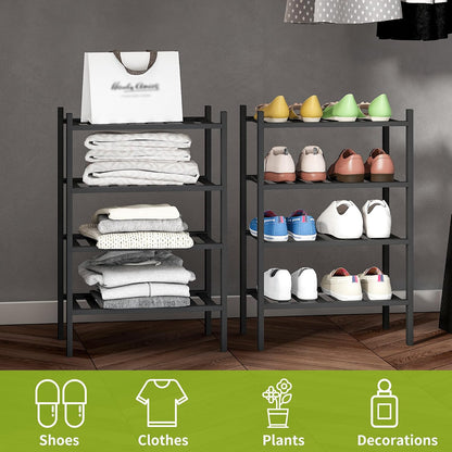 BMOSU 2-Tier Bamboo Small Shoe Rack Premium Stackable Shoe Shelf Storage Organizer for Hallway Closet Living Room Entryway Organizer (Black Bamboo)