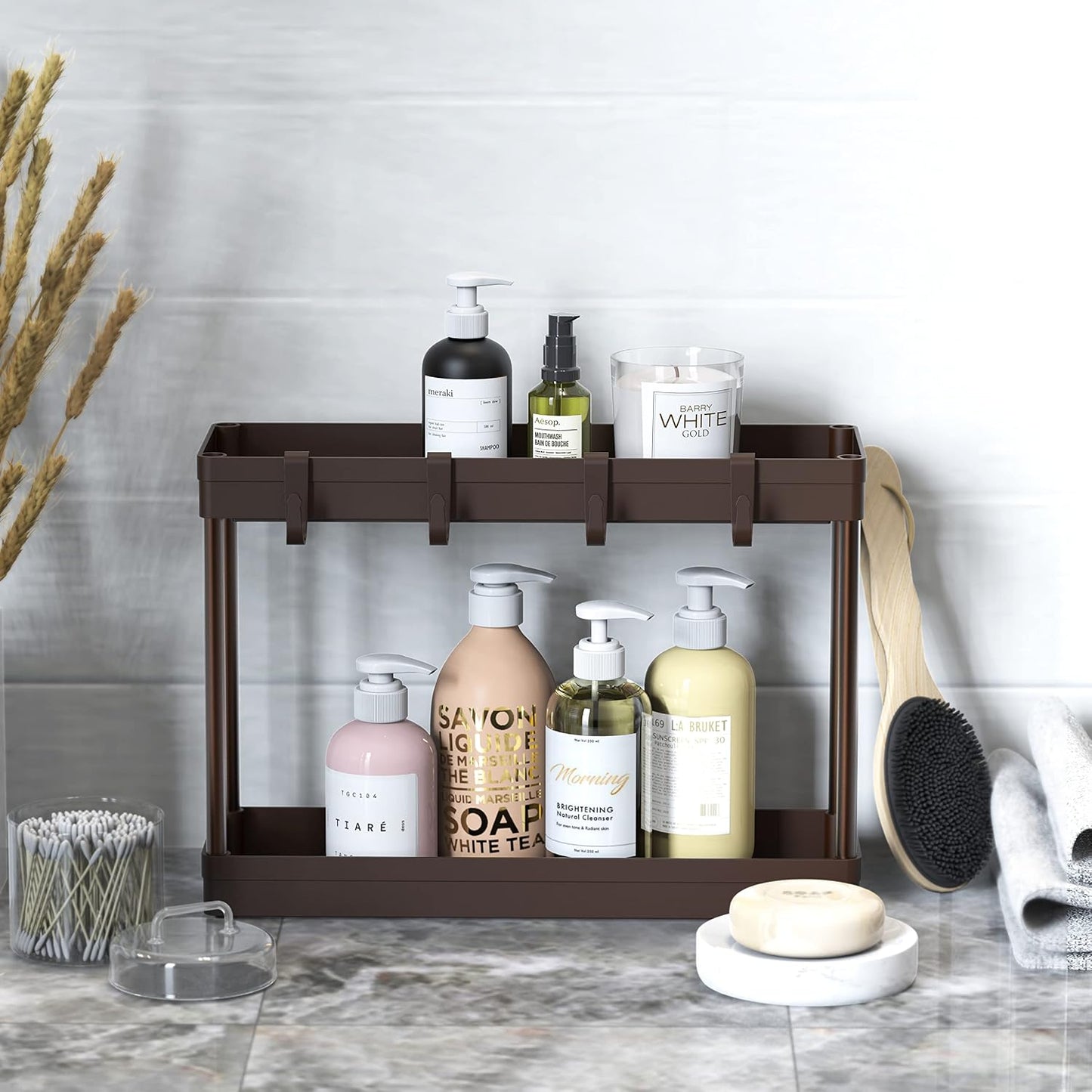 Simple Houseware 2-Tier Under Sink Organizer Storage Tray with Hooks, White