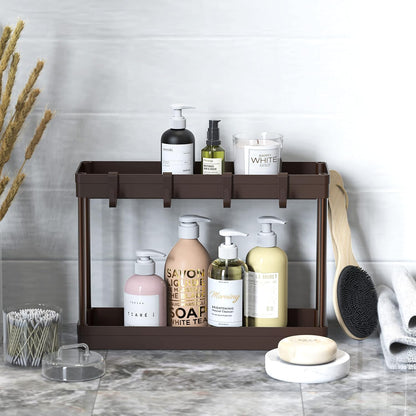 Simple Houseware 2-Tier Under Sink Organizer Storage Tray with Hooks, White