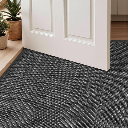 Ultra Thin Indoor Door Mat 24"x36", Washable Door Mat Indoor Entrance, Non Slip Rubber Backing Doormat Low-Profile Inside Entryway Mat, Unique Herringbone Design Entry Mat, Khaki (FOLD)