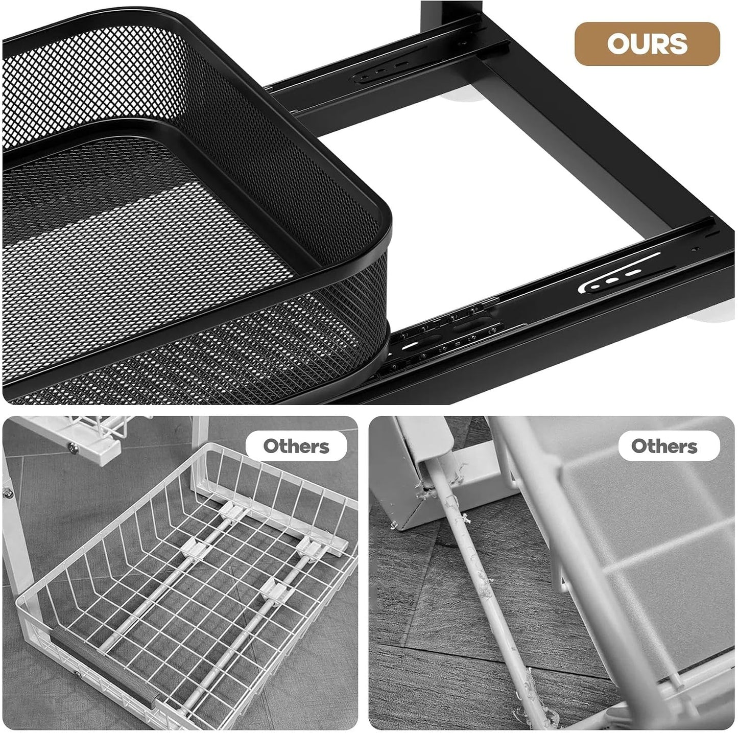 2-Pack Under Sink Storage Organizer with 2-Tier Slide Out Drawer, Sophisticated Mesh Pull Out Shelf for Kitchen & Bathroom, Fits Small Items, Upgraded Arched Track for Smooth Gliding(Patented)