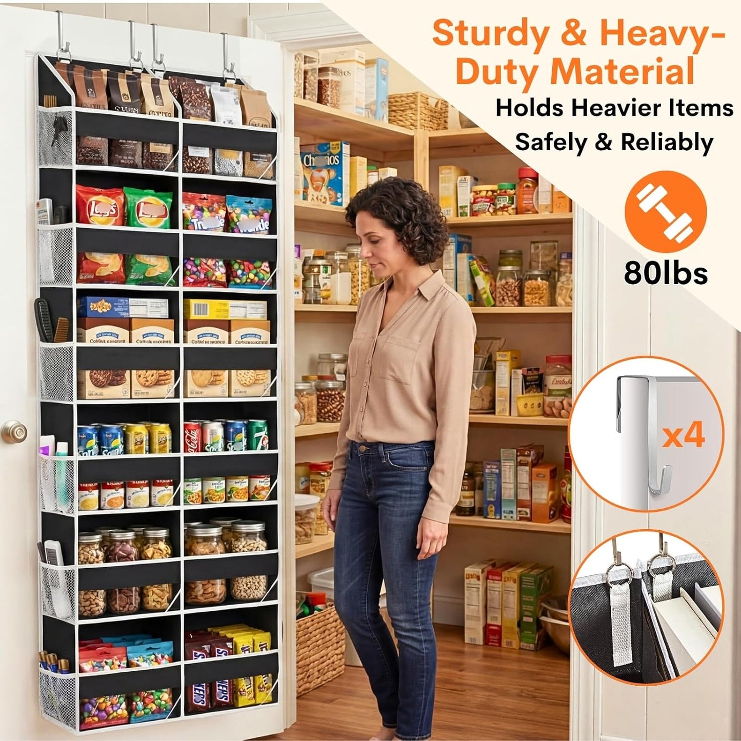 Over The Door Organizer, 5-Tier Extra Large Behind Door Storage with 10 Big Front & 10 Mesh Pockets, 80lb Capacity, Hanging Storage Organizer with Clear Window Kids Toys, Shoes, Diapers, Light Grey