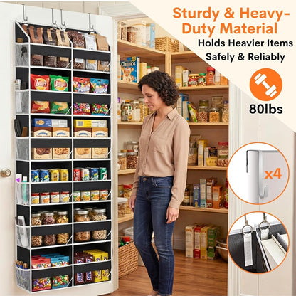 Over The Door Organizer, 5-Tier Extra Large Behind Door Storage with 10 Big Front & 10 Mesh Pockets, 80lb Capacity, Hanging Storage Organizer with Clear Window Kids Toys, Shoes, Diapers, Light Grey