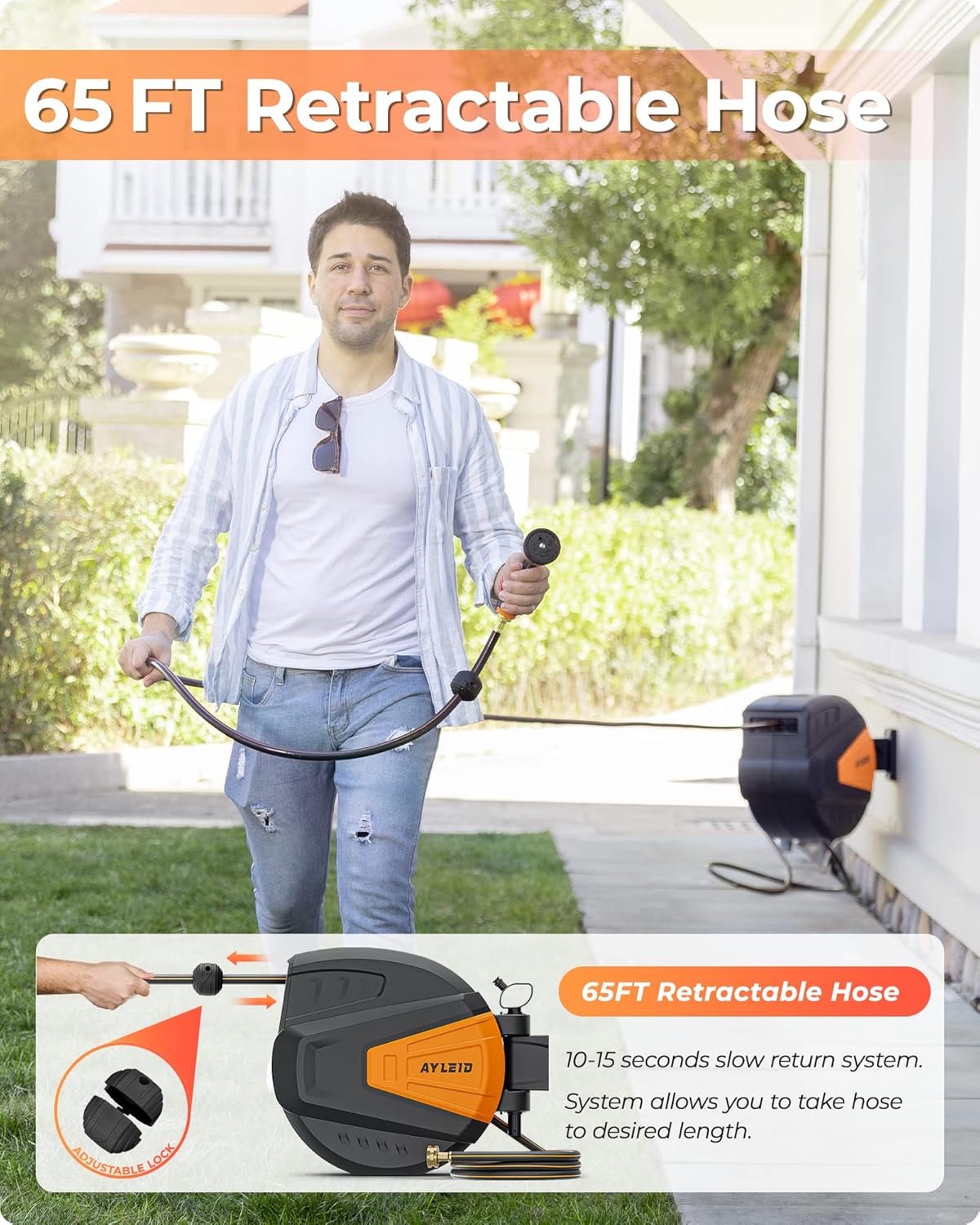 Ayleid Retractable Rubber Hybrid Garden Hose Reel, 1/2"x100ft Wall Mount | Anti-freeze, kink-free premium rubber hybrid hose, 24-month warranty, 9-pattern sprayer, any-length lock, slow auto-return.