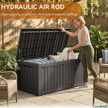 ROJIK 120 Gallon Waterproof Outdoor Deck Storage Box, Lockable Resin Patio Storage Bin with Lid for Garden Tools, Patio Cushions & Outdoor Accessories(Black)
