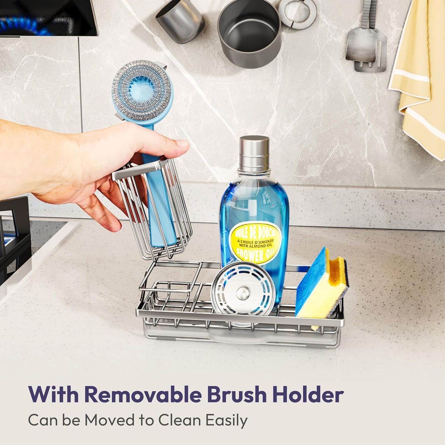 SWTYMIKI Sink Caddy Sponge Holder - Kitchen Sink Organizer with High Brush Holder for Countertop to Hold Dish Soaps and Sponges, Stainless Steel, Black