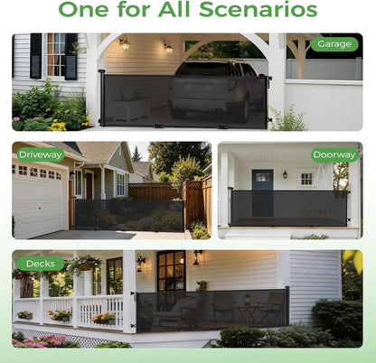 FRUITEAM 120" Wide Outdoor Waterproof Retractable Gate for Dogs & Kids – Ground Stakes, Easy One-Hand Operation, Scratch-Resistant & Tear-Proof Mesh for Indoor/Outdoor Use on Garage, Driveway – Black