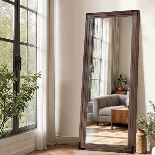 Full Length Mirror 65"x24" Solid Wood Frame Floor Standing Mirror, Hanging or Leaning Wall-Mounted for Living Room, Bedroom, Oak Color