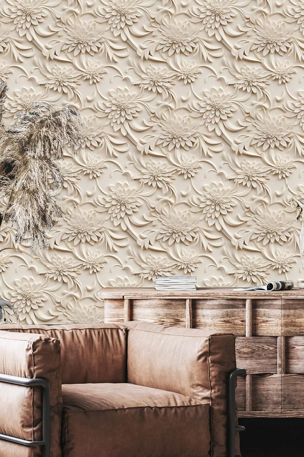 Floral Peel and Stick Wallpaper 3D Effect Interior Wall Décor Contact Paper Self Adhesive Removable Renter Friendly for Bedroom Living Cabinet Room 17.7in x 9.8ft (Not Textured Wallpaper