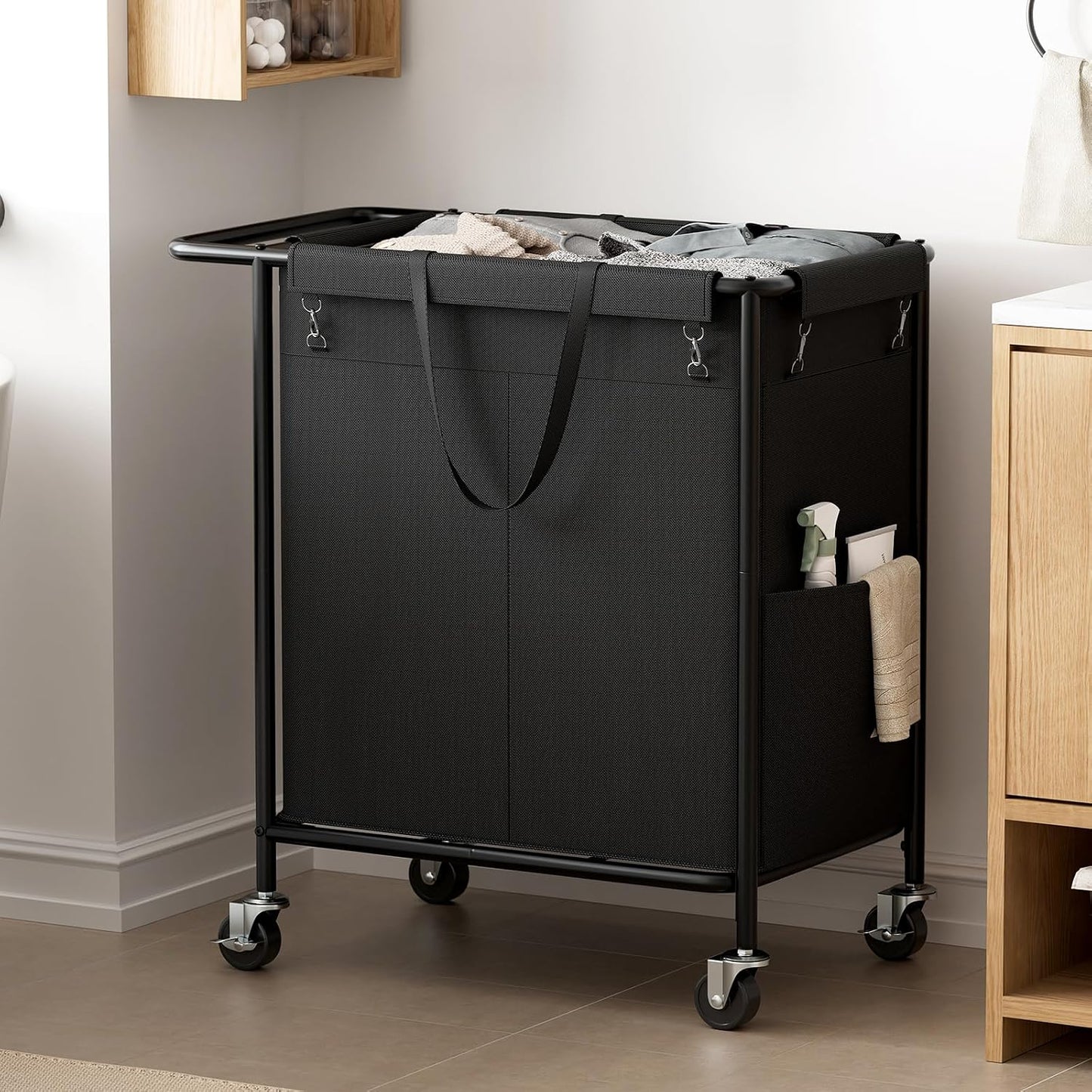 Double Laundry Hamper with Wheels,200L Rolling Laundry Basket 2 Section with Lid,Steel Frame Laundry Cart with Handle and Removable Bags,Dirty Clothes Hamper for Laundry Room,Dorm,Black