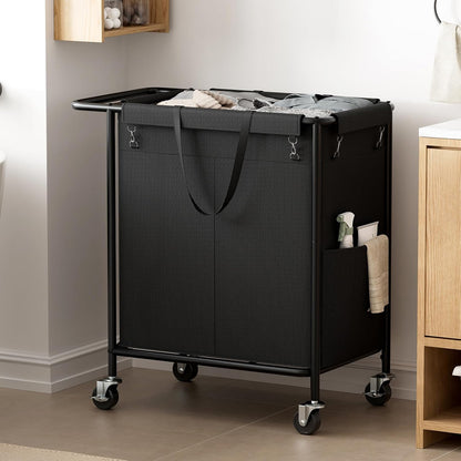 Double Laundry Hamper with Wheels,200L Rolling Laundry Basket 2 Section with Lid,Steel Frame Laundry Cart with Handle and Removable Bags,Dirty Clothes Hamper for Laundry Room,Dorm,Black