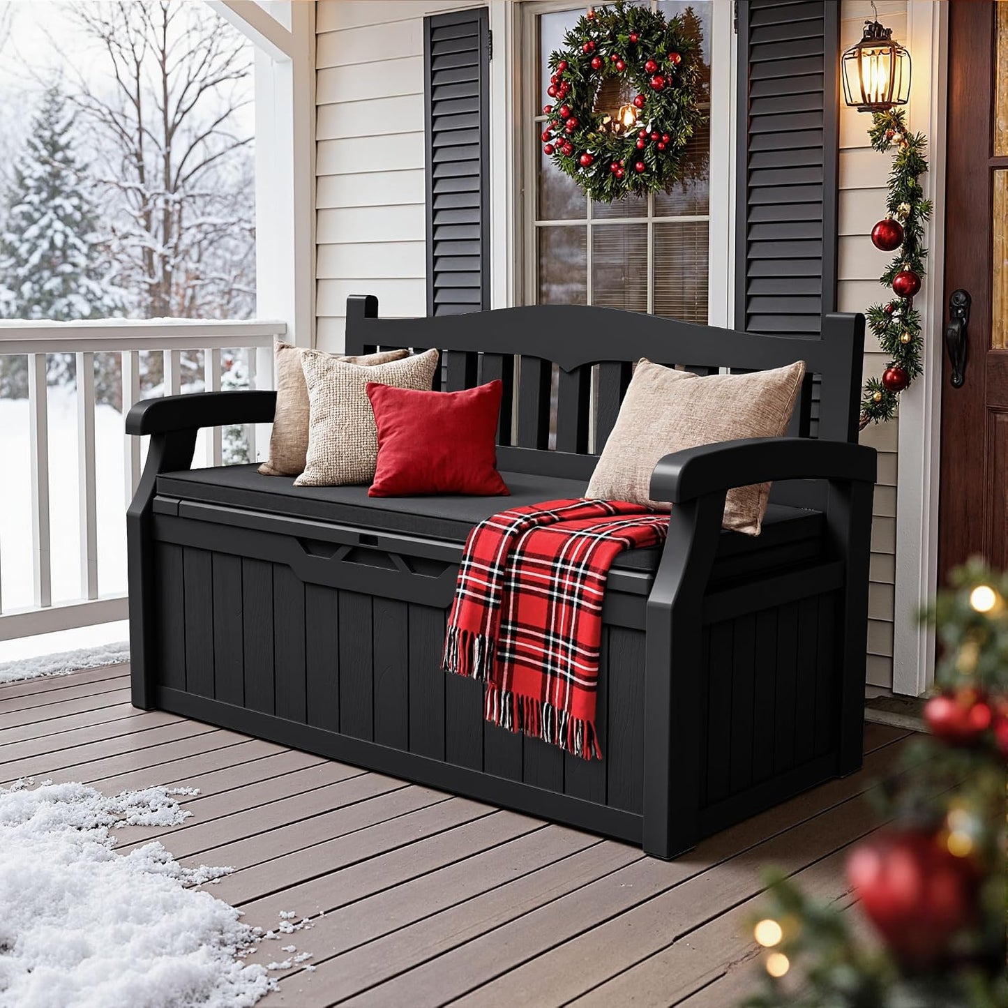 JUMMICO 80 Gallon Resin Outdoor Storage Bench, Large Deck Box with Armrest, Lockable&Waterproof for Garden, Home, Patio, Pools (Black, 80 Gallon)