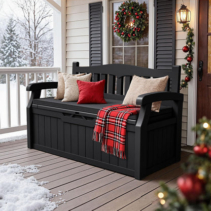 JUMMICO 80 Gallon Resin Outdoor Storage Bench, Large Deck Box with Armrest, Lockable&Waterproof for Garden, Home, Patio, Pools (Black, 80 Gallon)
