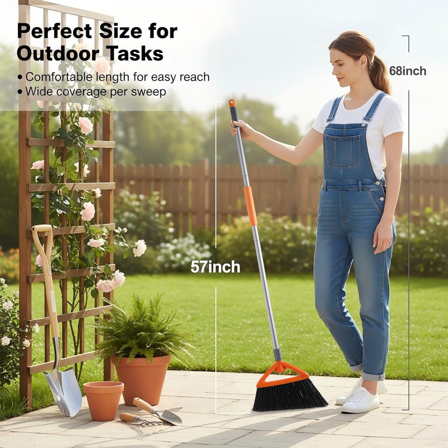 CLEANHOME Heavy Duty Outdoor Broom and Dustpan Set with Long Handle, Standing Dustpan & Split-End Bristles for Patio, Garage, Deck, Leaves Debris Cleaning