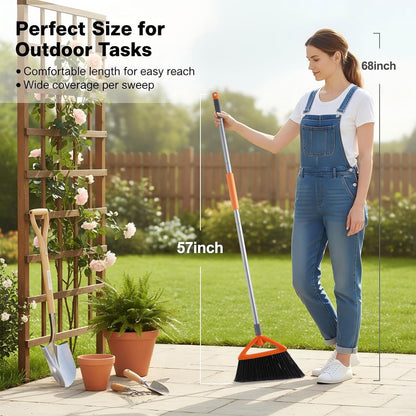 CLEANHOME Heavy Duty Outdoor Broom and Dustpan Set with Long Handle, Standing Dustpan & Split-End Bristles for Patio, Garage, Deck, Leaves Debris Cleaning