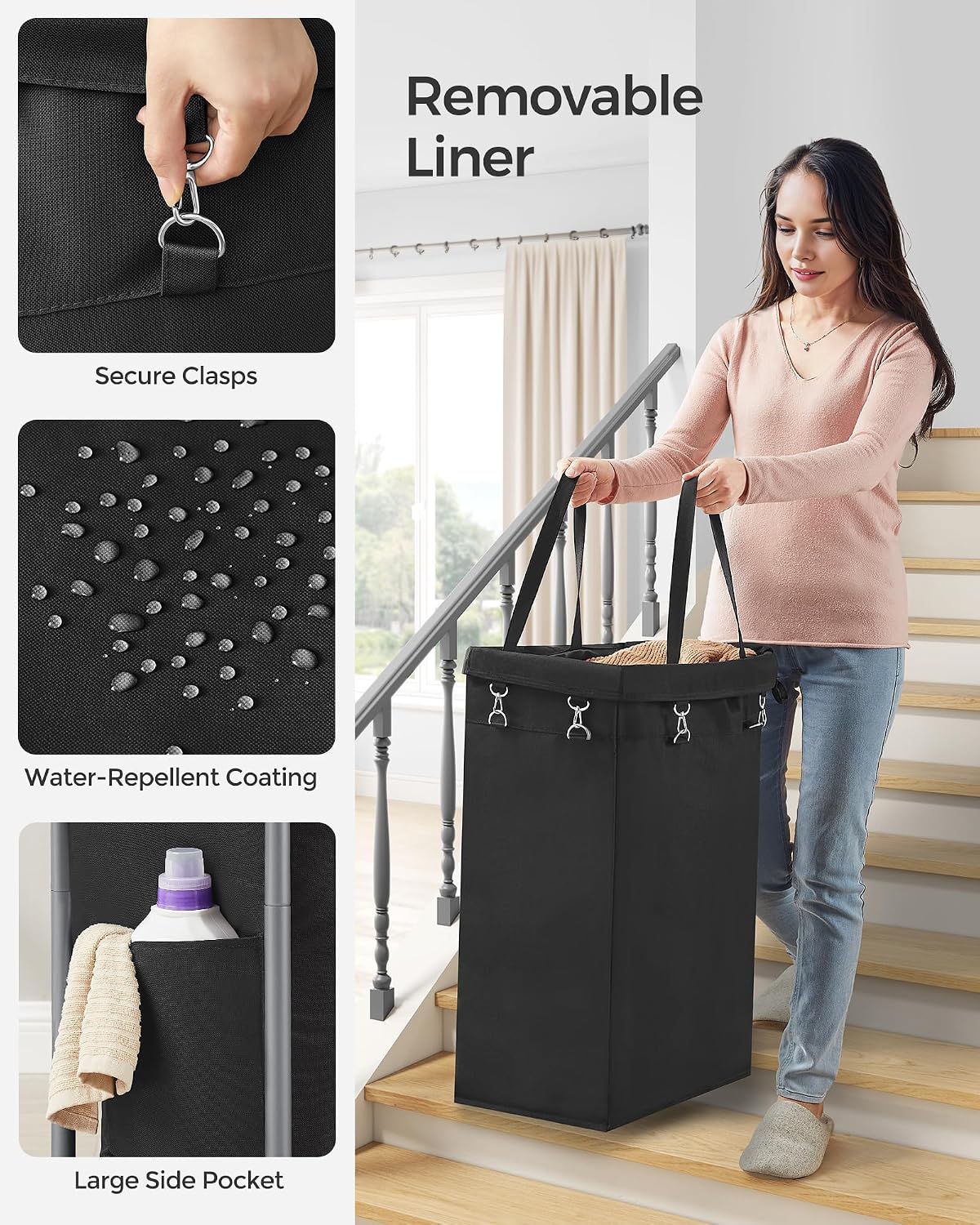 SONGMICS Laundry Basket with Wheels, 3-Section Rolling Laundry Hamper, 52.8 Gallons (200 L), Removable Liner, Steel Frame with Handle, 35.8 x 15.4 x 31.9 Inches, Cream White URLS005W01