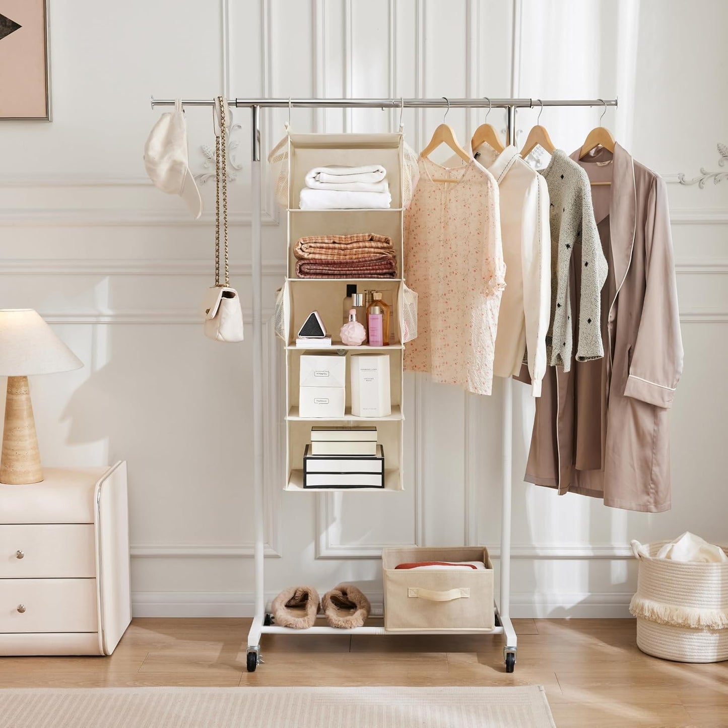 MAX Houser 4-Shelf Hanging Closet Organizer, Space Saver, Cloth Hanging Shelves with 2 Side Pockets, Foldable (Beige)
