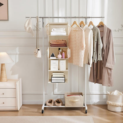 MAX Houser 4-Shelf Hanging Closet Organizer, Space Saver, Cloth Hanging Shelves with 2 Side Pockets, Foldable (Beige)