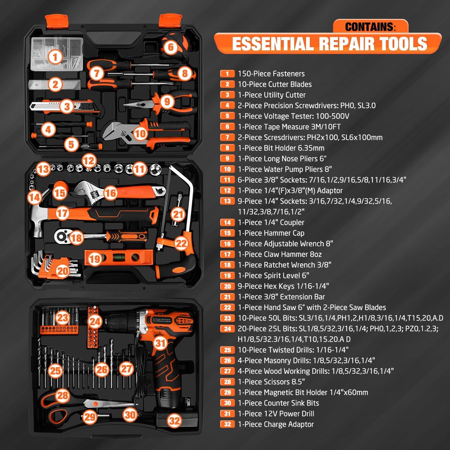 255-Piece Tool Set - Tool Kit with 12V Cordless Drill Driver, Toolbox Storage Case with Drawer, General Household Drill Set for DIY Projects, Home Repairs, Handyman