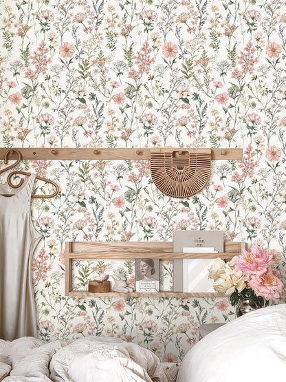 Orainege Pink Floral Peel and Stick Wallpaper Removable Self Adhesive Wallpaper 16.9inx118.1in Modern Wall Paper for Bedroom Bathroom Green Leaf Contact Paper for Cabinets